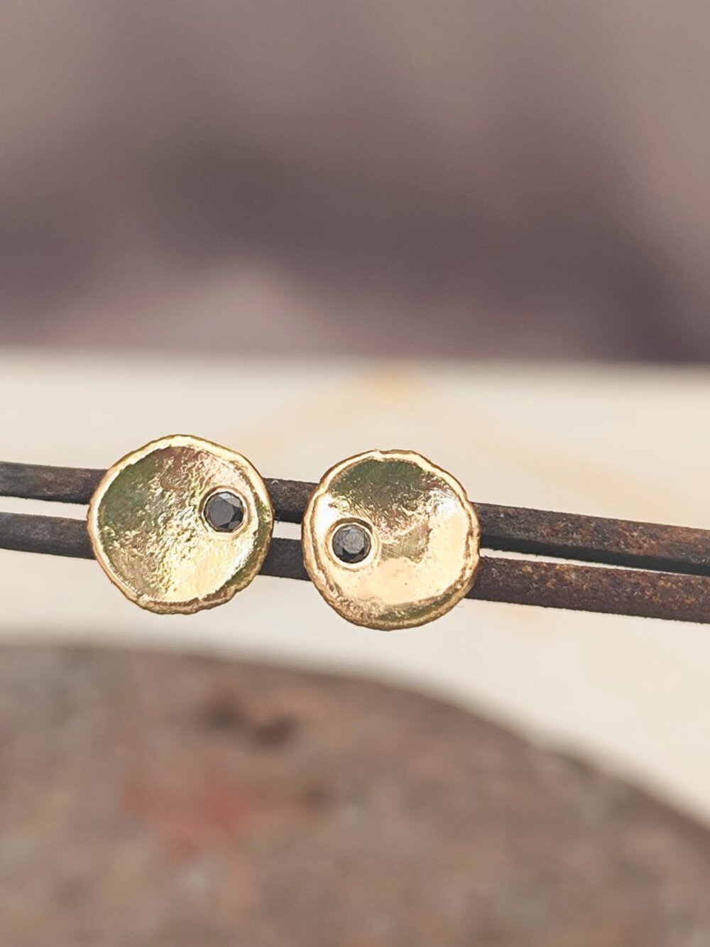 14K Solid Gold Black Diamond Stud Earrings | Handmade Studs 0.02ct